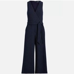 NWT Lauren Ralph Lauren Jumpsuit Women 10 Navy Pinstripe Wide Leg Belted Office